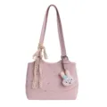 Pink leather shoulder bag with floral print, cute lace ribbon and plush bunny charm for women. - Pink