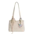 Stylish Korean floral shoulder bag for women, cute bunny charm handbag daily commuter tote. - White