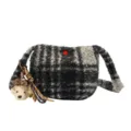 Winter vintage plaid lamb wool crossbody bag for women with cute bear pendant and half-round shape. - Black Plaid