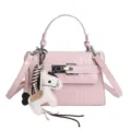 Pink crocodile pattern women handbag, stylish shoulder Kelly bag with cute horse charm variant. - Single Bag / Pink