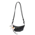 Black leather croissant crossbody bag with cute white horse charm, minimalist style. - Black