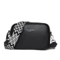 Black genuine leather camera bag with stylish black-white wide strap and silver hardware. - Black
