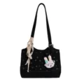 Black canvas shoulder bag with floral pattern, cute bunny pendant and lace ribbon. - Black