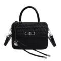 Black woven leather top handle crossbody bag for women, chic fashion small square handbag. - Single Bag / Black