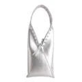 Silver Metallic Crackled Leather Shoulder Bag with Grommet Details and Asymmetrical V-Cut Style - Silver