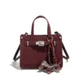 Women's Wine Red PU Leather Crossbody Bag Small Square Handbag with Cute Dog Charm - Burgundy