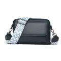 Genuine leather crossbody bag with wide geometric strap, multi-pocket retro shoulder bag - Blue