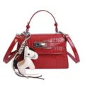 Red crocodile pattern women shoulder handbag top handle bag with cute horse leather charm - Red