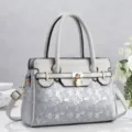 Grey white colorblock tote bag with metal lock, stylish digital print handbag for women daily - Gray