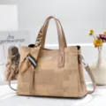 Khaki tote handbag with silk scarf detail, stylish women's commuting shoulder bag for daily use. - L29 W12 H21 CM / Khaki