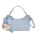 Light blue leather handbag with cute puppy plush keychain, stylish minimalist shoulder bag for women. - With Charm / Blue