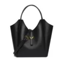 Black genuine leather bucket bag for women, large capacity tote shoulder bag for daily commute. - Black