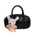 Black faux leather bowling handbag for women with cute knitted rabbit pendant charm stylish bag. - Single Bag / Black