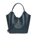Dark blue leather bucket bag, stylish top handle tote with shoulder strap for women. - Lake Blue