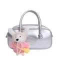 Stylish silver metallic bowling handbag featuring a cute crochet bunny plush pendant variant. - Single Bag / Silver