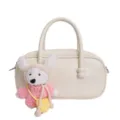 Cream white leather bowling handbag with cute knitted rabbit plush pendant for women. - Single Bag / White