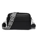Black leather crossbody bag for women, stylish multi-layer shoulder bag with wide strap. - Black