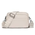 Beige leather crossbody bag with wide geometric strap, multi-layer casual shoulder bag style. - Off White