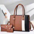 Detailed view of stylish color-block handbag set with wallet and card holder for daily use. - L30 W12 H22cm / Earthy Yellow