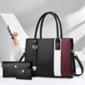 Detailansicht des farbblockierenden Damen Handtaschensets mit Geldbörse für den Alltag. - L30 B12 H22 cm / Schwarz