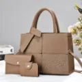 Brown three-piece handbag set detailed view, showing textured pattern and stitching craftsmanship. - Khaki