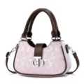 Pink digital print handbag with brown top handle and crossbody strap, detailed luxury design. - L25 W7 H15 Handle 15cm / Pink