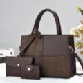 Detailed view of the dark brown spliced three-piece women handbag set with textured design. - Coffee