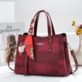 Burgundy structured handbag detail featuring elegant printed scarf and premium leather texture. - L29 W12 H21 CM / Wine Red