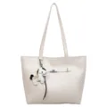 Stylish minimalist women's tote bag in beige PU leather with a horse charm for daily commute. - Single Bag / Off White