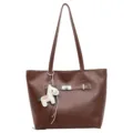 Brown leather tote bag for women large capacity shoulder bag with horse charm and lock - Single Bag / Coffee