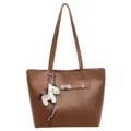 Stylish brown leather tote bag for women, large capacity shoulder bag with cute horse charm. - Single Bag / Brown