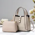 Detail view of the beige two-piece tote bag and matching pouch with gold hardware. - Apricot
