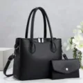 Elegantes schwarzes Damen Handtaschen Set mit Henkeln und passender Clutch Tasche. - Schwarz