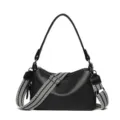 Genuine leather women shoulder crossbody bag, stylish black saddle pillow bag with wide strap. - Black