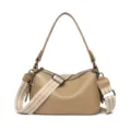 Genuine leather shoulder bag crossbody pillow bag for women with wide strap khaki - Khaki