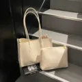 Minimalist beige tote bag and pouch set large capacity shoulder commuter bag for women - Off White