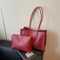 Red PU leather tote bag set large capacity shoulder commuting bag for women casual handbag - Red