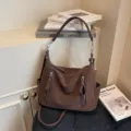 Brown slouchy shoulder bag, stylish casual hobo tote bag with multiple zipper pockets. - Coffee