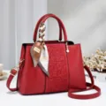 Sac à main en cuir gaufré style vintage rouge sac cabas femme avec écharpe élégante - 27.5x11x19cm / Rouge