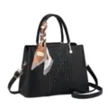 Schwarze geprägte Damen Handtasche elegante Retro Schultertasche mit modischem Seidentuch - 27.5x11x19cm / Schwarz