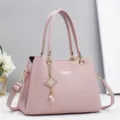 Pink leather shoulder bag, stylish casual handbag detail view, premium large capacity design. - 28x13x20cm / Pink