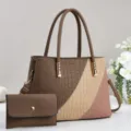 Grosse Kapazitat Farbblock Kroko Textur Handtasche Set fur Damen stilvolle Tasche - Khaki