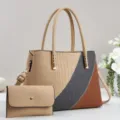 Stylish colorblock croc pattern handbag and wallet set, elegant casual shoulder crossbody bag. - Apricot