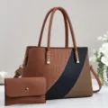 Stylish color-blocked women handbag set with stone texture, large capacity tote and clutch bag. - Earthy Yellow