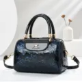 Black patent leather embossed floral handbag, stylish top handle shoulder cross body bag for women. - L24 W13 H16 Handle 13cm / Blue