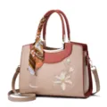 Elegante bestickte Damen Handtasche mit stylischem Seidenschal, PU Leder Schultertasche. - Khaki