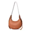Detailansicht der braunen Hohlmond-Schultertasche mit hochwertiger Lederoptik und feiner Naht. - L25 B7 H22 Griff 28 cm / Erdgelb