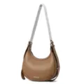 Brown crescent shoulder bag detail view, premium pebbled leather texture and secure zipper. - L25 W7 H22 Handle 28 cm / Khaki