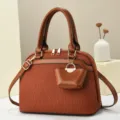 Brown women handbag chic shoulder crossbody bag with unique pleated texture and small pouch charm. - L 29 W 13 H 21 Handle 14 cm / Earthy Yellow