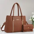 Brown PU leather women handbag tote shoulder bag set with small clutch and metal details. - Earthy Yellow